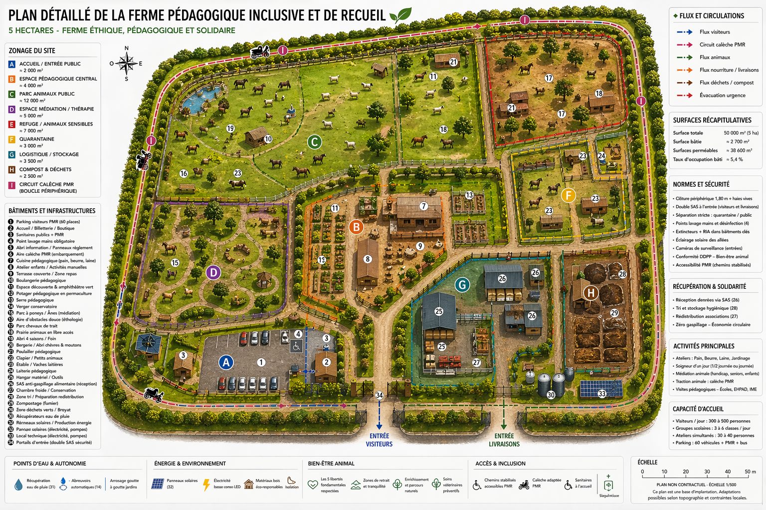 Plan prévisionnel du futur Sanctuaire des Forges — disposition des bâtiments, pâturages et zones pédagogiques